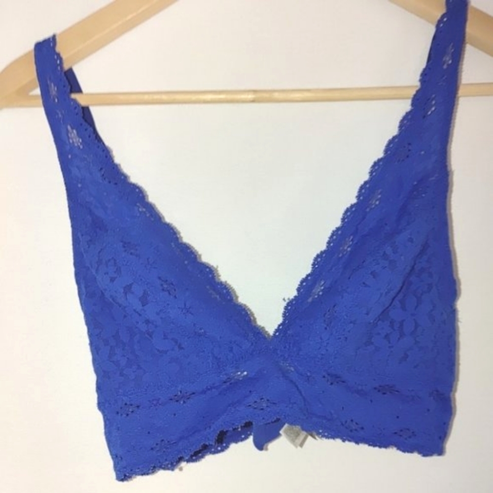 Wacoal All Over Lace Bralette Halo Soft Cup Bra 34 A B C Blue V-neck J-hook Back